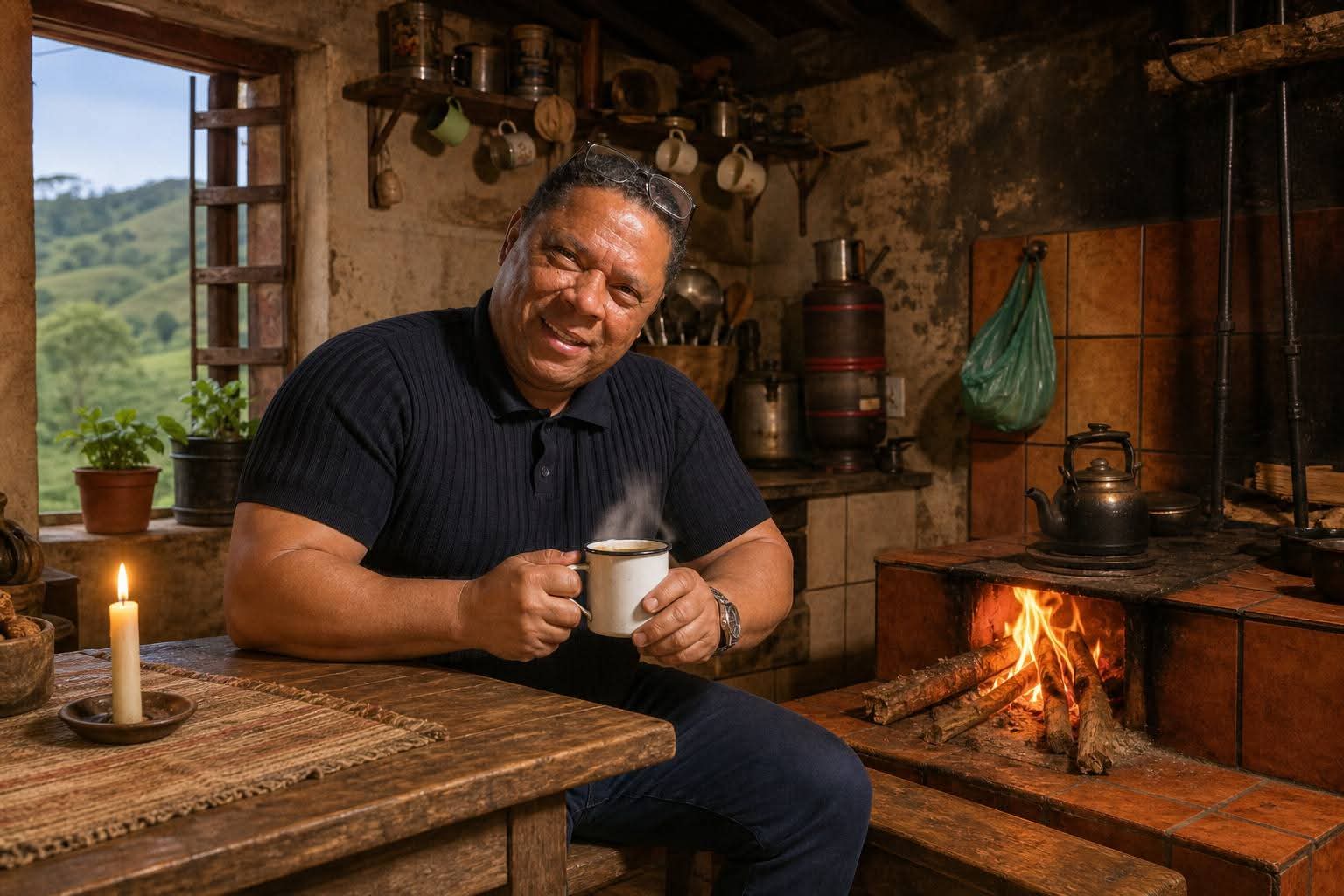 Retrato do idealizador sentado à mesa, com uma xícara de café nas mãos