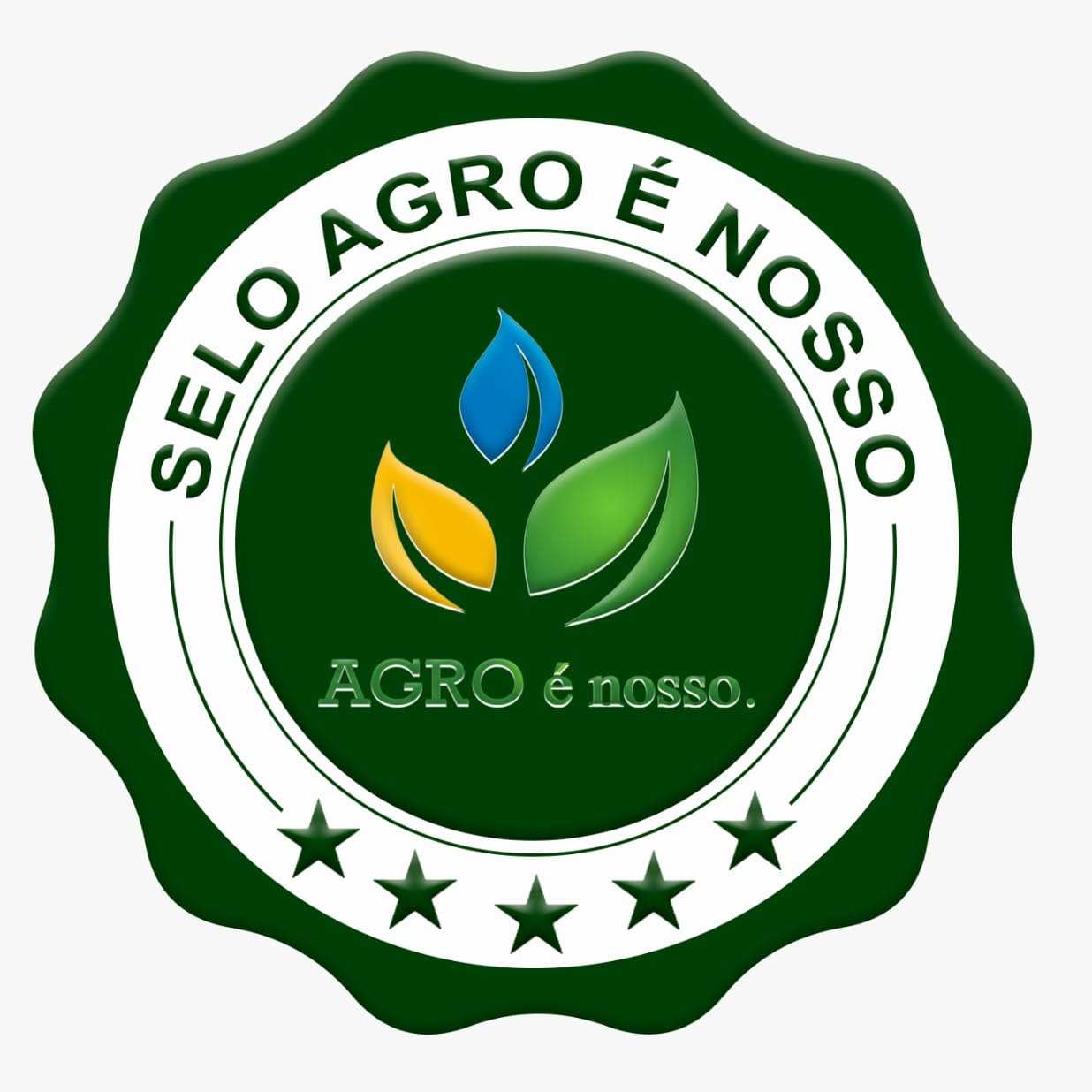 Selo Agro é Nosso em verde, com folhas, gota de água e cinco estrelas